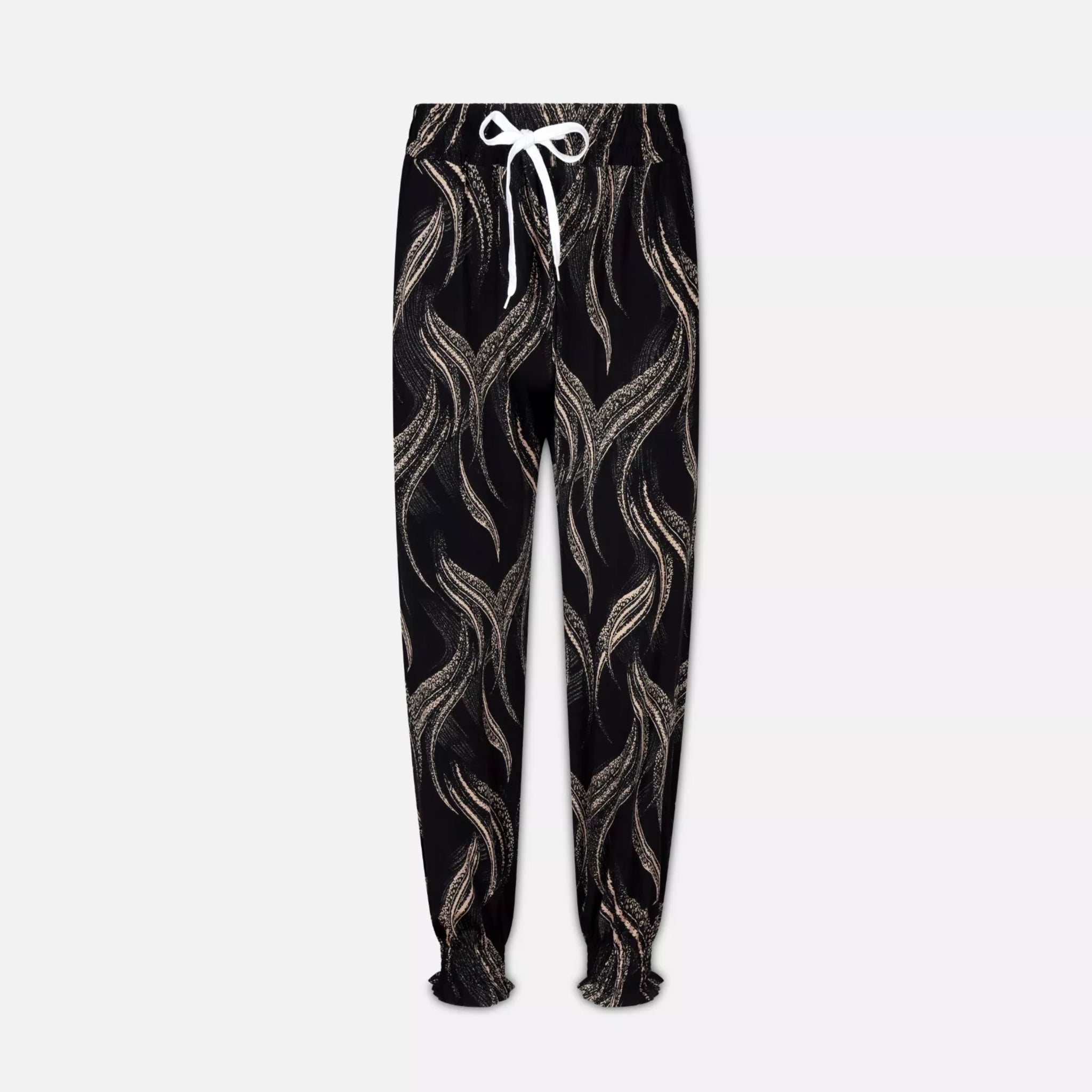 Ladies JDN branded palazzo trousers in black with abstract wavy print and white drawstring waistband